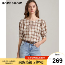 Red sleeve hopeshow hollow lattice shirt summer and autumn new womens embroidery pleated bubble sleeve round neck pullover top