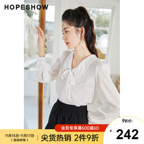 Red sleeve top design sense female niche spring and autumn new bubble sleeve ribbon doll collar satin white shirt