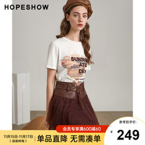 Shopping mall with hopeshow red sleeve Spring and Autumn new womens sequined letter print round neck sleeve t-shirt