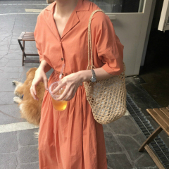 韩国 显白抬肤色宝蓝 橘 纯色 松紧腰 长款连衣裙