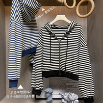 Western lazy ~ striped beaded casual sweater zipper cardigan loose hooded long sleeve short jacket autumn