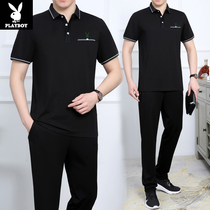 Flowers Playboy Ice Silk Cotton Sports Suit Mens Turn For Casual POLOT Shirt 90% Pants Loose Short Sleeve Dad Dress