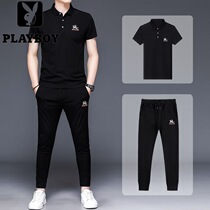Floral Playboy Short Sleeve Sportswear Suit Mens Summer Thin black T-shirt Long pants Two sets of young summer clothes