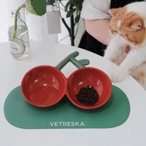 Unka High Face Value Creative pet Anti-tipping Tilt Cervical Spine Water Drinking double bowl Meal Cushion Cherry Ceramic Cat Bowl