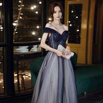 Blue evening dress dress woman 2022 new banquet temperament light and luxury small crowd high-end French seniority presided over the art test