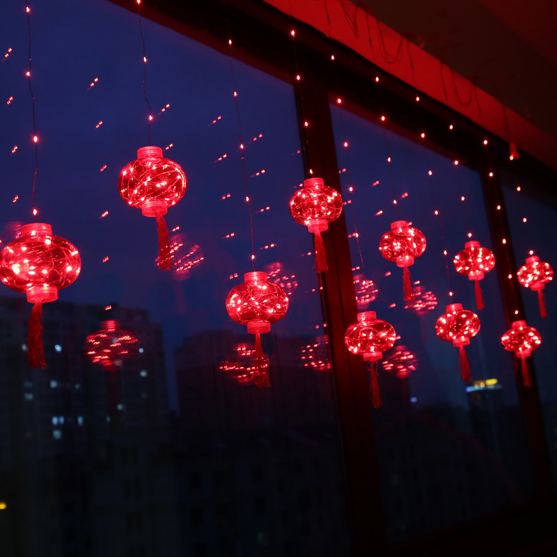 2021新年装饰挂灯led彩灯笼窗帘灯春节场景布置福字挂饰过年灯饰