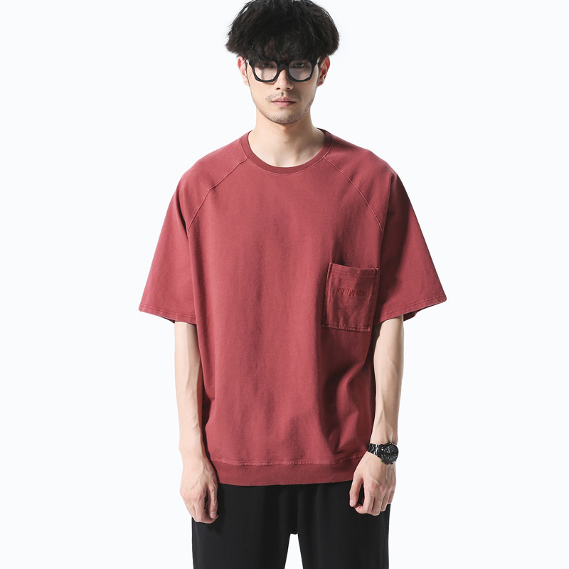 二十八间原创夏装纯色红色溜肩短袖潮男青年上衣体恤圆领宽松t恤