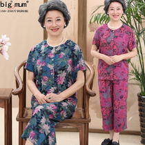 Middle-aged and elderly womens summer plus size mother cotton silk suit plus fat plus grandma short-sleeved cardigan nine-point pants two-piece suit