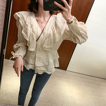 MUKOK lantern sleeve shirt woman 2020 spring autumn design sensation small crowdlength sleeve V collar lotus leaf side pleated fashion blouse