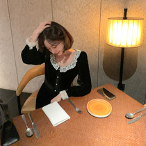 MUKOK silk suede one-piece dress woman 2020 spring autumn new lace collar blouses with long sleeves black retro skirt suit