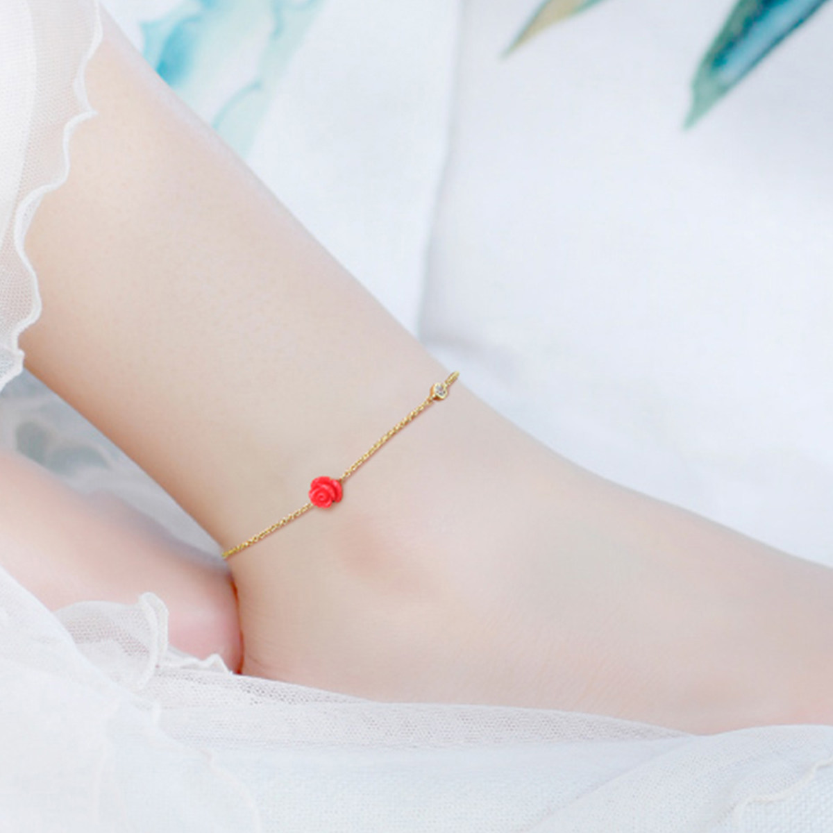 静风格玫瑰花脚环性感精致脚镯小巧时尚脚踝链个性铃铛脚链女饰品