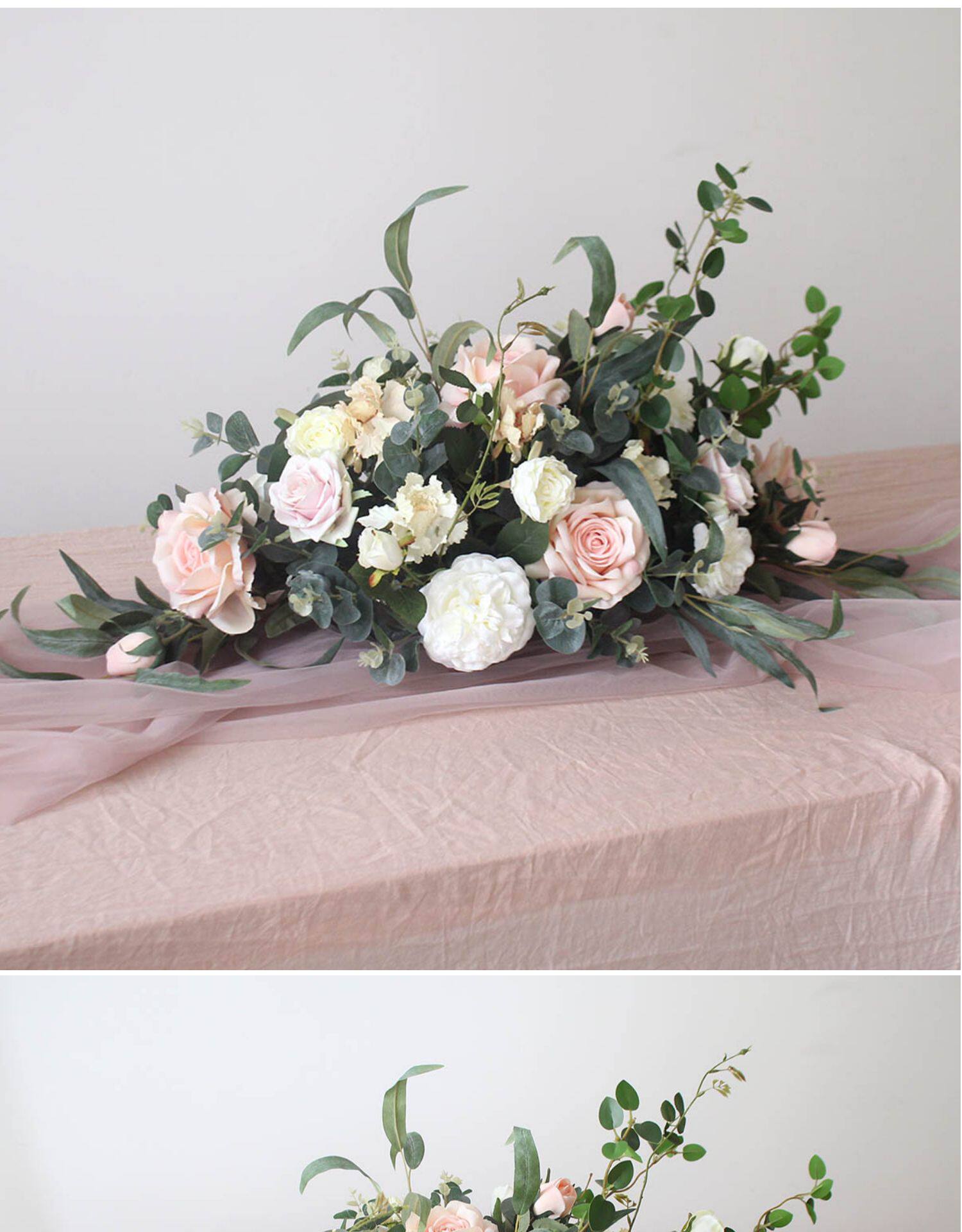 长桌会议室摆设桌花玫瑰花艺台酒店仿真花装饰西餐厅花餐厅花摆花