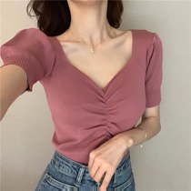 Autumn and winter 2021 New Korean version of V-neck short sleeve top chic fashion versatile short Net red knit shirt T-shirt women tide