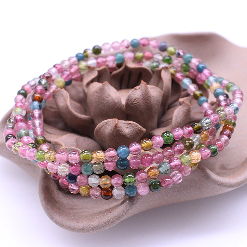 业为天然彩色碧玺手链女士水晶手串多圈饰品红蓝简约糖果色