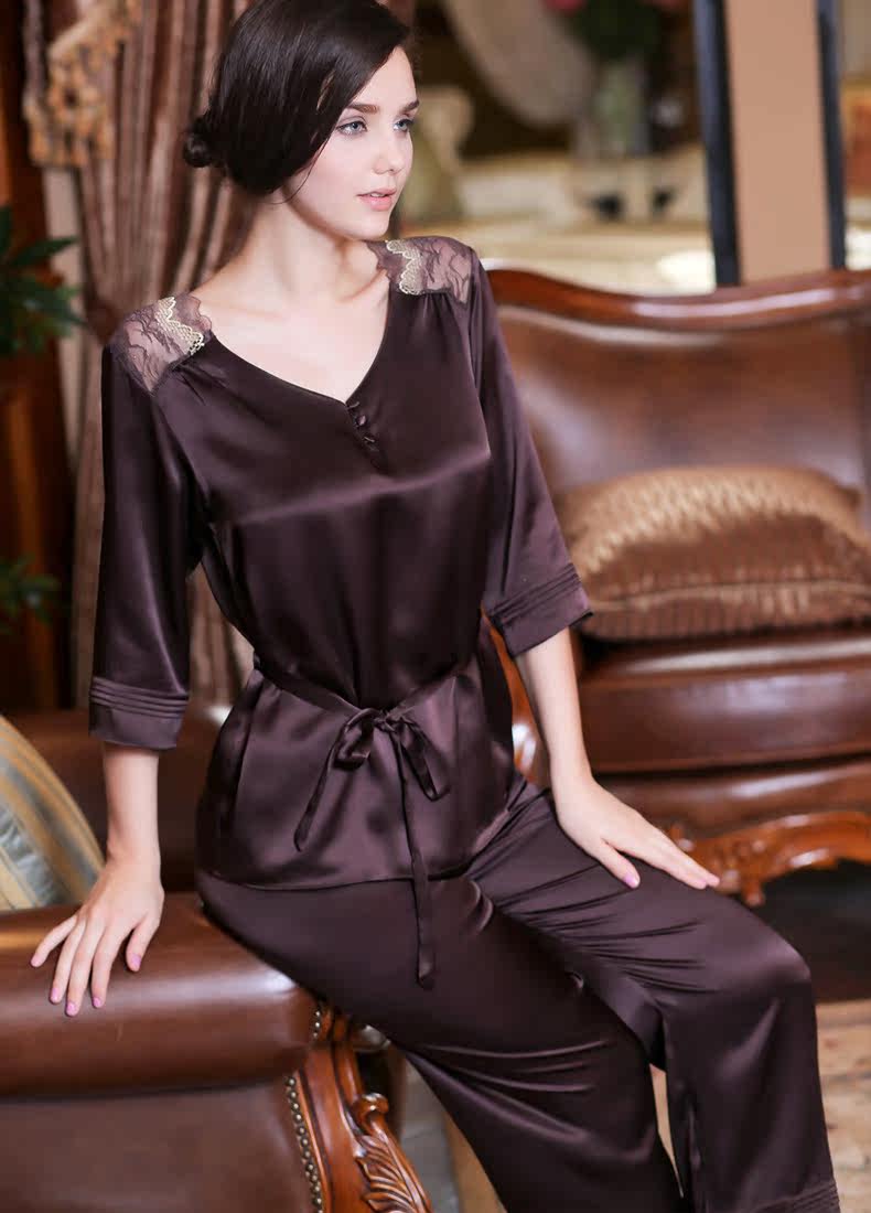 洁绣新款 女春夏100%桑蚕丝蕾丝睡衣套装 七分袖重磅真丝两件套