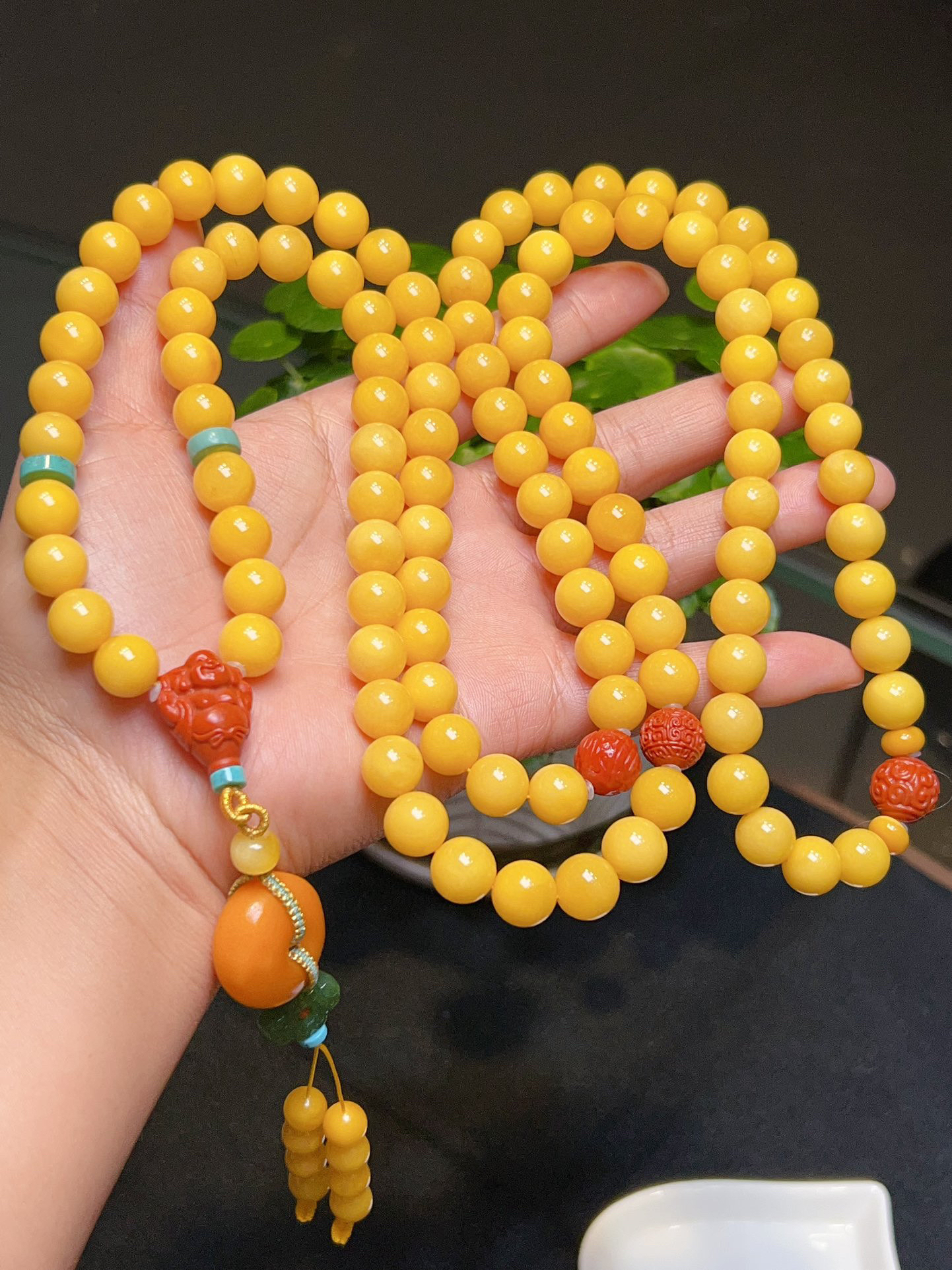 天然俄料鸡油黄11mm108颗老蜜蜡佛珠手链 项链 蜡质浓厚重110克xw