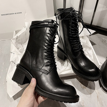Lace thick and Martin boots high heel cowhide handsome overfitting boots ANN same model short boots black locomotive boots women