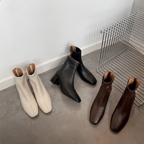 2021 autumn and winter New White thick heel short boots elastic slim boots Joker Martin boots female Square head single boots naked boots