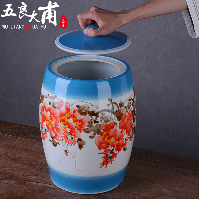 Jingdezhen hand - made ceramic barrel with cover 50 install archaize wind household 25 kg sealed old flour barrels in the kitchen