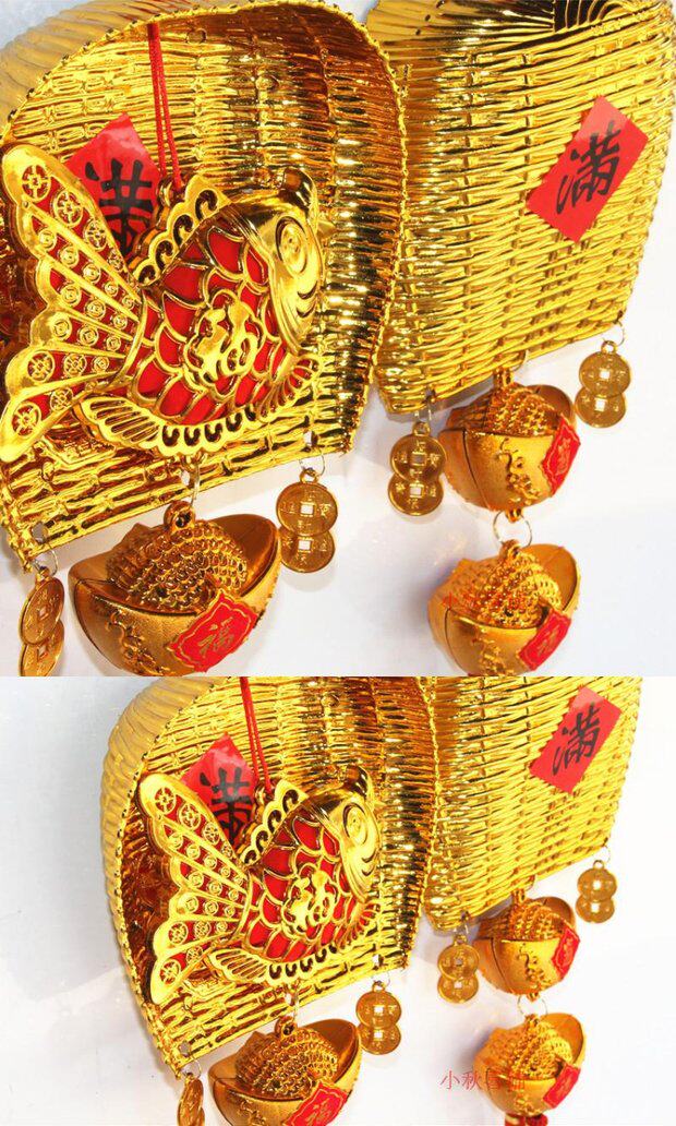 新房乔迁结婚金色金斗簸箕元宝 金色簸箕中国结喜庆镀