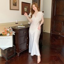 White V-Neck Sexy Ice Silk Satin Bridal Dressing Dress French Lace Wedding Bridesmaid Pajamas Homewear Long Dress