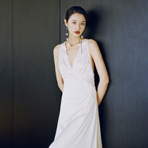 Bridal gown between flowers light luxury sexy backless wedding bridesmaid dress champagne long silk holiday skirt female