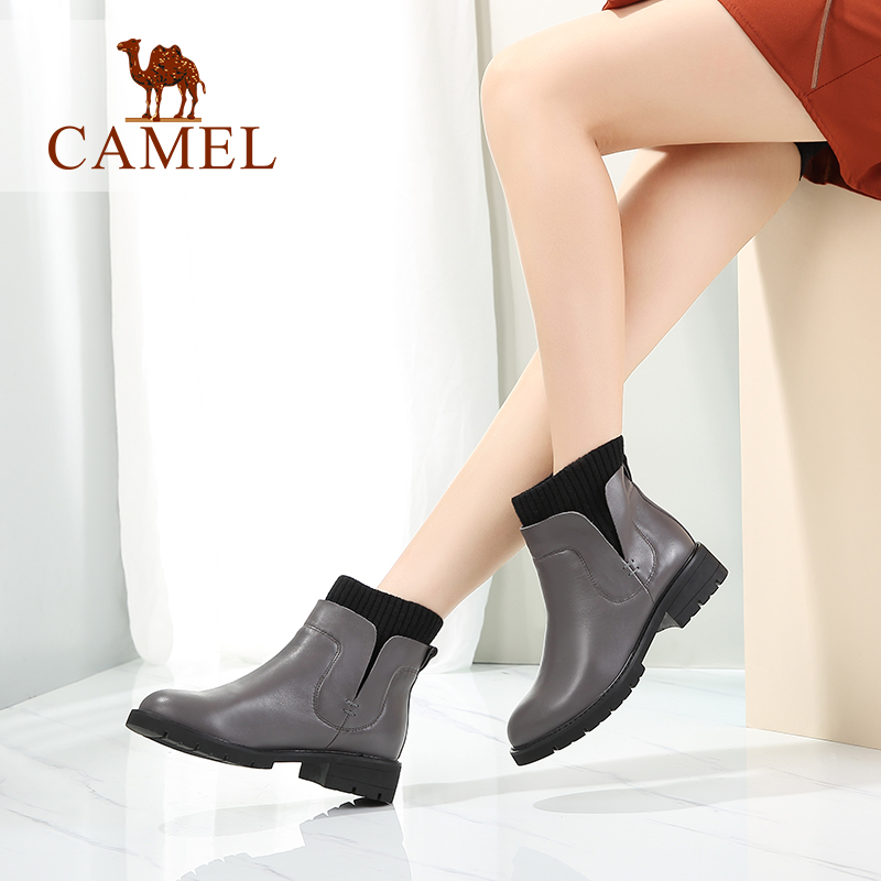Camel/骆驼女鞋  秋冬款 真皮短靴女 圆头方跟舒适女靴产品展示图3