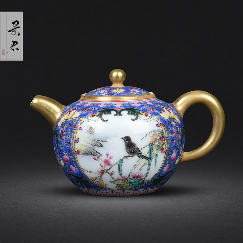 JingJun jingdezhen hand - drawn colored enamel POTS of flowers and birds medallion ceramic kung fu tea set single pot of tea tea