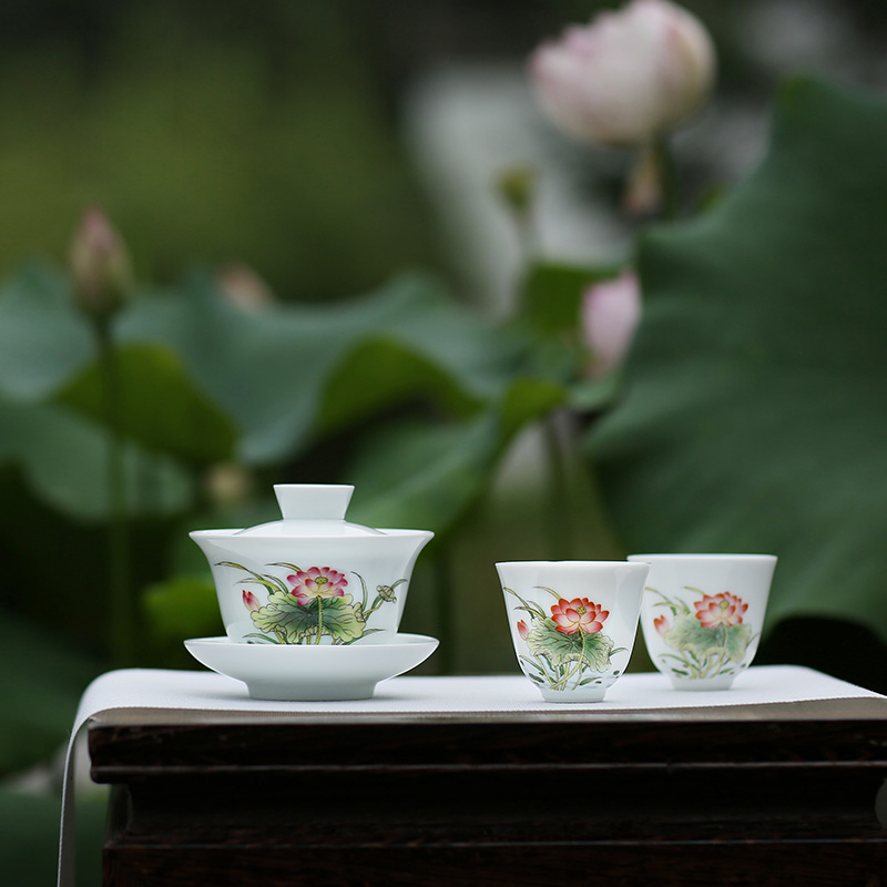 JingJun jingdezhen ceramics kung fu tea set only three bowl of hand - made of lotus tureen cup tea bowl set by hand