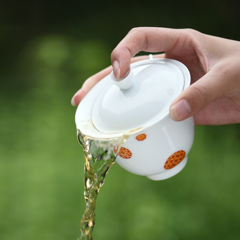 Sweet ball grain jingdezhen pure manual craft tureen white porcelain cups kung fu tea tureen large bowl is three