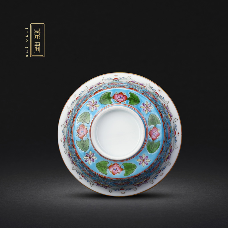 JingJun jingdezhen tea only three tureen tea cups colored enamel blue water best floral print see kung fu cover