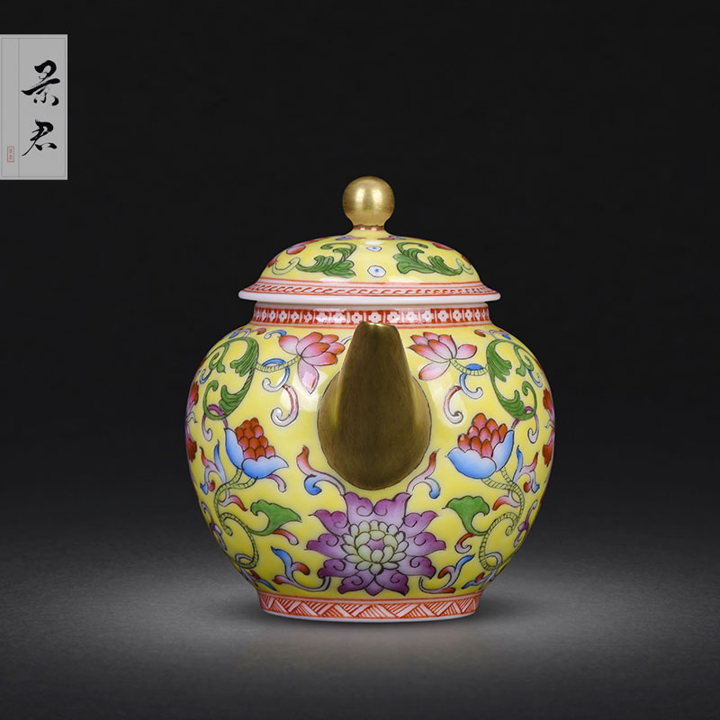 Kung fu in jingdezhen ceramic teapot hand - made yellow colored enamel bound lotus flower grain teapot full manual single pot of tea