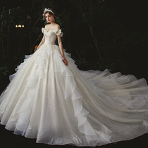 Temperament main wedding dress 2021 new bride little man trailing mori fantasy super fairy starry sky one shoulder pregnant woman light