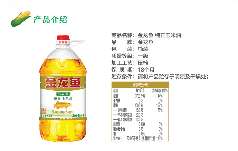 产品介绍商品名称:金龙鱼纯正玉米油龙■,品牌:金龙鱼包装:桶装质量等级:一级加工工艺:压榨保质期:18个月金龙鱼贮存条件:请将产品贮存于阴凉及干燥处营养成分表营养素参考%(Mi(D)纯正玉米油阻珀1克50克因芷单不饱和脂320克多不饱和脂彷530克0毫克味水化合物维生素E200毫克-生育酚当量143%-推好价 | 品质生活 精选好价