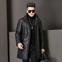 Leather down jacket mens lapel long Haining sheep coat winter plus velvet padded fur fur fur tide