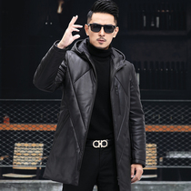 Leather down jacket mens medium and long hooded sheepskin windbreaker velvet thickened winter Haining leather fur coat
