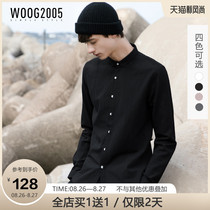  WOOG2005 Korean casual black shirt mens 2021 autumn trend handsome slim solid color long sleeve black shirt