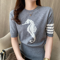 Minimalist round collar seahorse collection waist 50% sleeves Knitted Cardiovert Blouse 2022 Spring new womens clothing Rojia RMOJUL