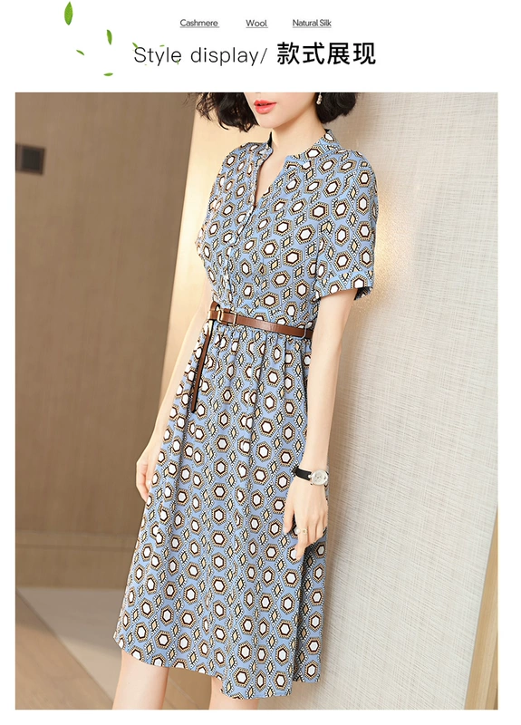 Long Yuan Chang váy eo cao nữ 2021 mùa xuân và mùa hè tính khí retro in cổ v-váy ngắn tay dài giữa một dòng 7632 - Váy eo cao
