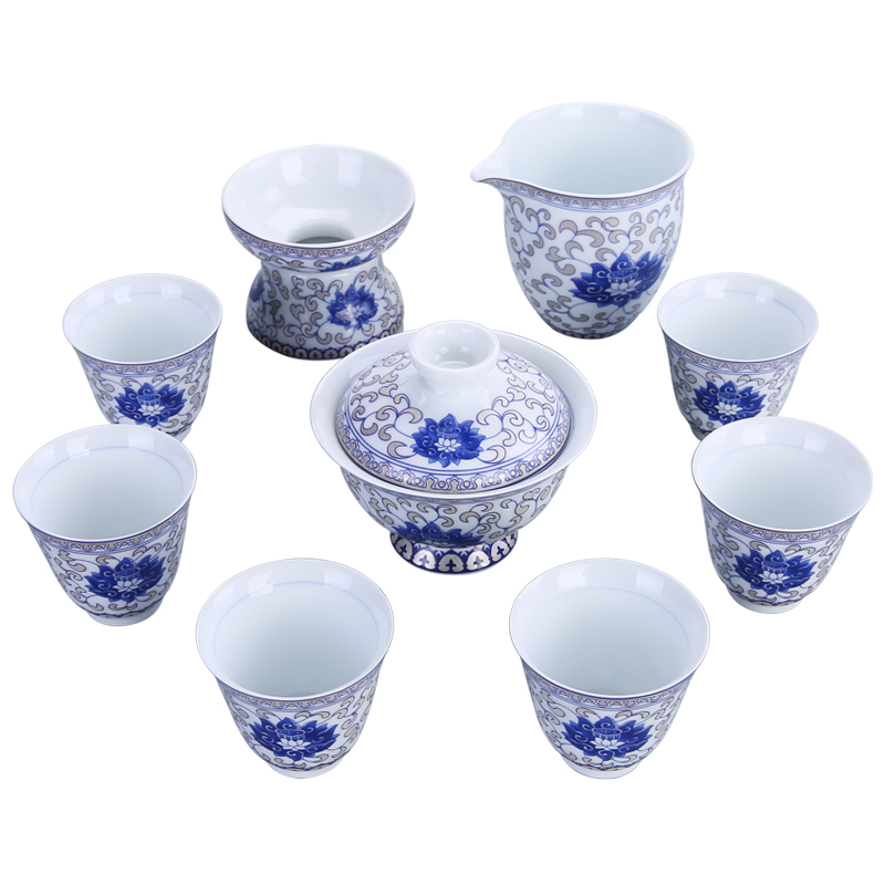 Simple blue and white porcelain tea set the whole household teapot tea tureen jingdezhen ceramic cups kung fu