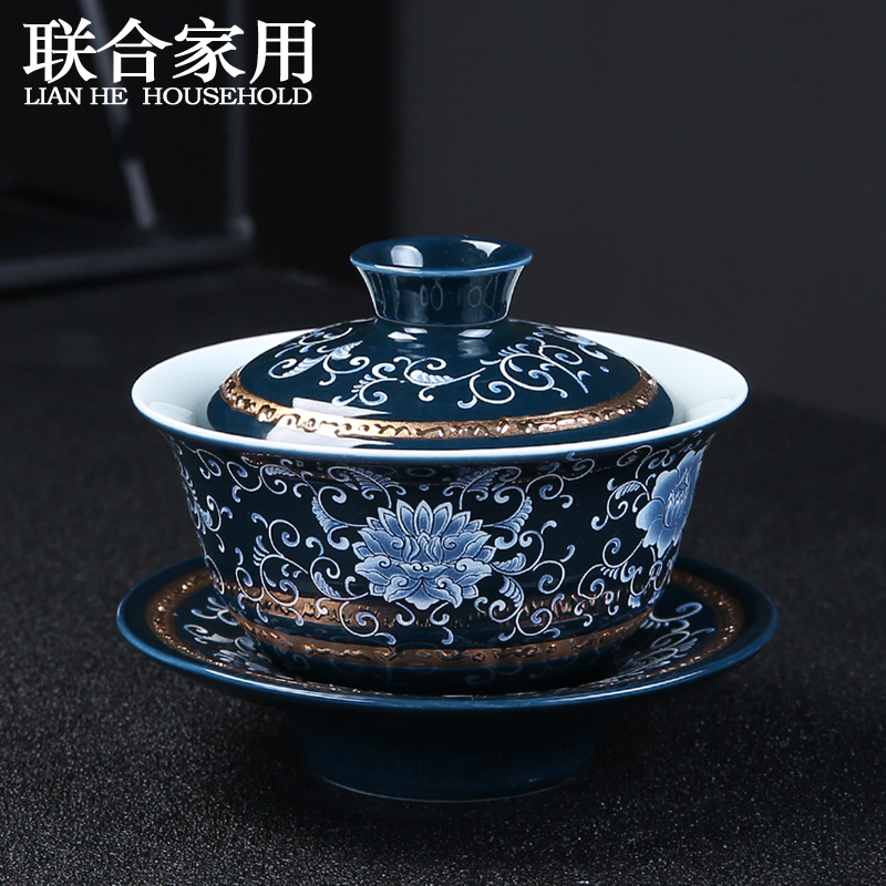 To be household jingdezhen blue and white porcelain tureen ceramic cup bowl large tea tea bowl three dishes tasted silver gilding