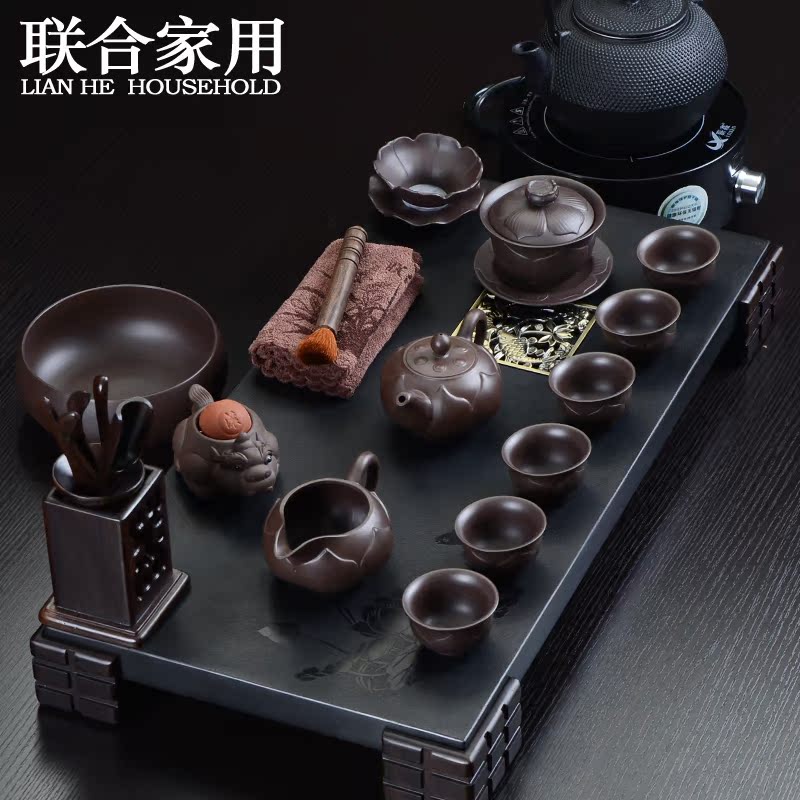 To be household natural stone tea tray was sharply purple suit black stone electric TaoLu kung fu tea set