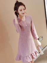 Aromatic City 2021 popular skirt autumn high waist Net red spring womens foreign style fishtail V collar dress