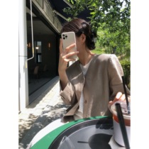 Spot Spot of Joo Korea Flax 100 Retro V Collar Single Row Buttoned Long Sleeve Suit Jacket D