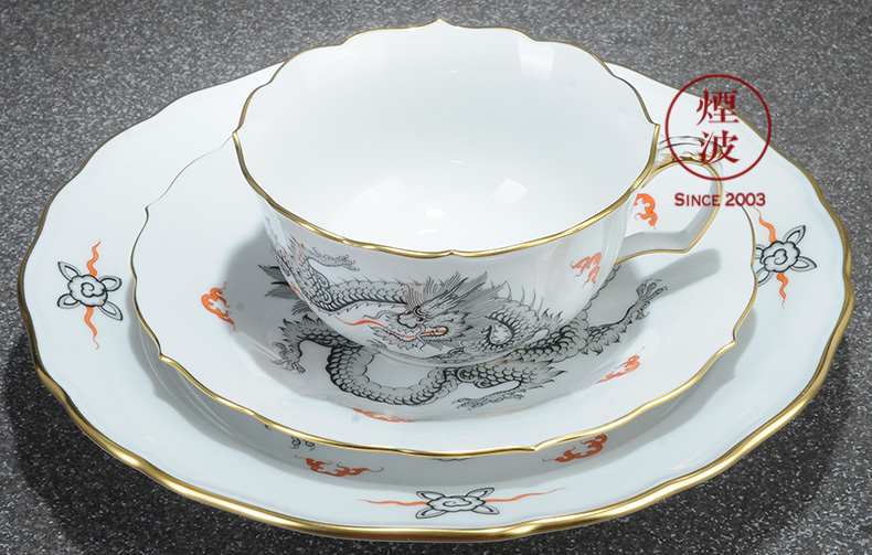 German mason new clipping black Ming dragon MEISSEN porcelain teapot teacup tea set group