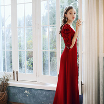  The brides new deep V-neck wedding night long section is thin A-swing red toast high-end texture dinner annual meeting dress