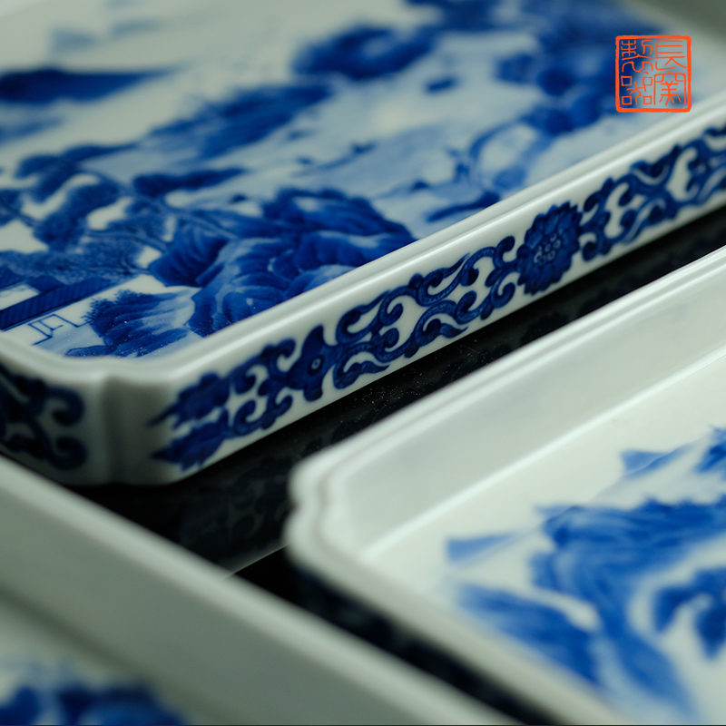 Offered home - cooked hand - made the plate of jingdezhen blue and white landscape character stationery in pure manual archaize ceramic four items