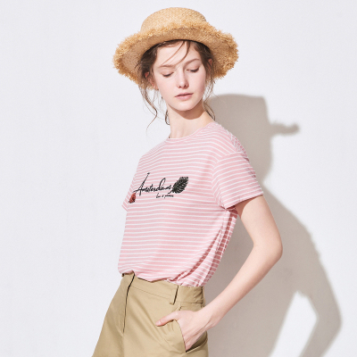 亦谷2018夏装新款圆领显瘦粉色条纹字母印花