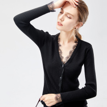 V-neck sweater womens inner long-sleeved sexy eyelashes Lace knitted cardigan thin fake collar womens spring and summer