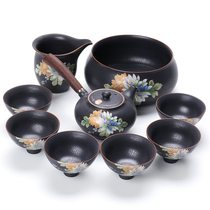 Zhongzheng ceramic whole set of Kung Fu tea three-dimensional lying flower face black pottery tea set Tianmu side handle pot Tea Ceremony